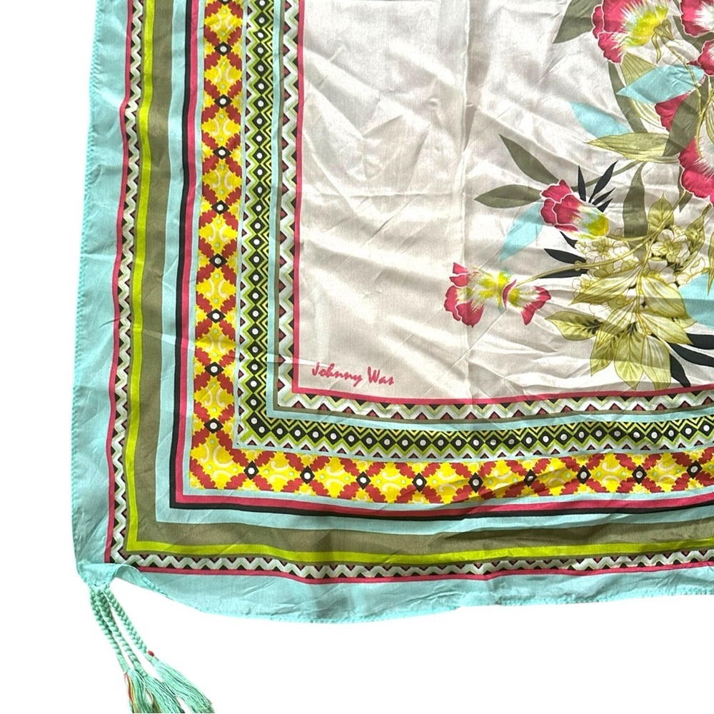 Johnny Was Aqua Multicolor Patterned Silk Scarf with Tassels - Picture 5 of 11